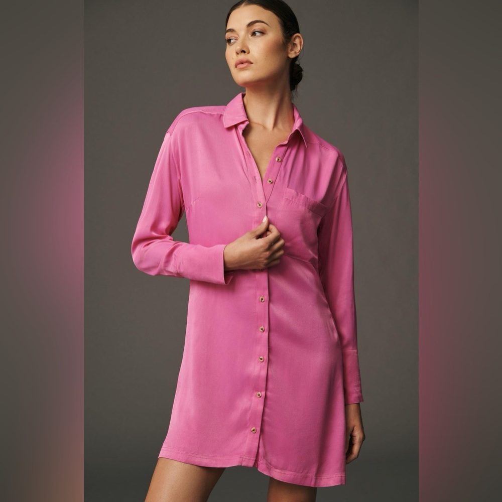 Anthropologie NWT - Pilcro Long-Sleeve Silky Mini Dress - pink rose, Size 10,